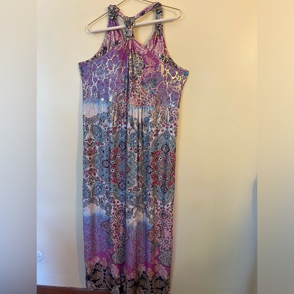 Cruise Away In This Abstract Gold Foil Halter Maxi Dress. Gold foil design + Sun - Picture 1 of 7